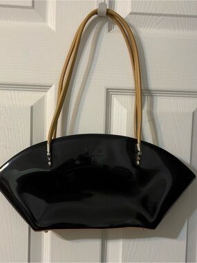 BEIJO, Black Patent Shoulder Bag with Tan Handles